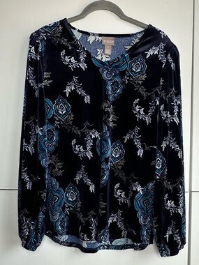 Chico’s Velvet Blouse Midnight Blue Floral Size 1 (Medium) NWT